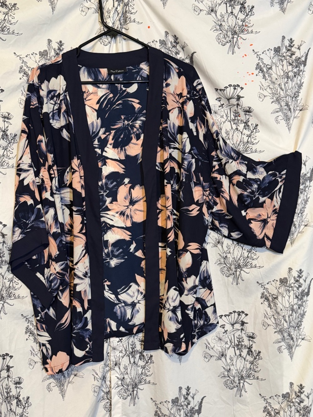 Nue Options Navy Floral Open-Front Kimono with Peach Accents